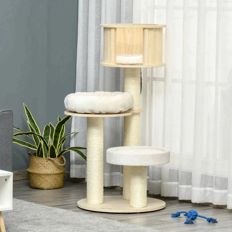 Rootz Scratching Post - Cat Tree - Climbing Tree - With Cat Cave - Sisal Posts - With Play Balls - Natural/Cream - 59.5 x 59.5 x 122 cm