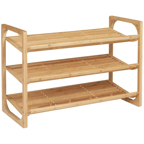 Rootz 3-tier Shoe Rack - Bamboo Shoe - Storage Organizer - Slatted Shelves - Free Standing Shoe - Raised Edges - Shelf Stand - 9 Pairs Of Shoes - Entryway - Hallway - Natural - 76 x 33 x 51 cm