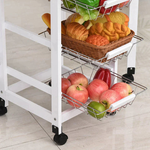 Rootz Kitchen Trolley - Drop-leaf Kitchen Trolley - Baskets Drawer - 6 Wheels Rolling Storage Unit - Kitchen - Home - Dining Cart - White/Brown - 97.2 cm x 37 cm x 77.5 cm