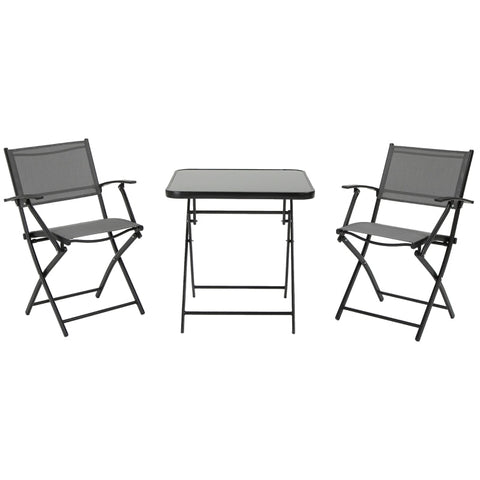 Rootz Foldable 3-piece Seating Group - Garden Table Set - Balcony Set - Balcony Furniture - 1 Table + 2 Chairs - Garden Furniture Set - Seating Set - Metal - Mesh Black + Grey - 60L x 60W x 70H cm