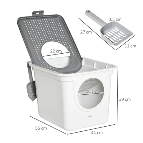 Rootz Cat Litter Box - Maximum Load 5kg - Room Ventilated - 2-way Litter Box - Litter Scoop - White + Gray - 44L x 55W x 39Hcm.