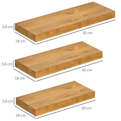 Rootz Set Of 3 Wall Shelves - Modular Shelving System - Pine Wood - Brown - 50 x 18 x 3.6 cm