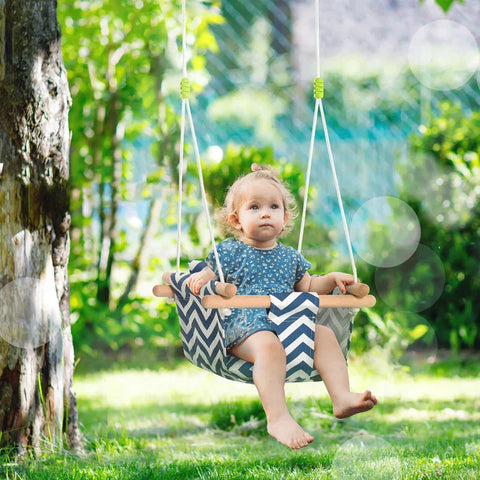 Rootz Children's Swing - Swing with Safety Belt -  Foldable Baby Swing - Toddler Swing - Wood - Blue/White - 40 x 40 x 180 cm