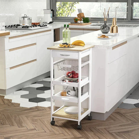 Rootz Kitchen Trolley - Kitchen Cabinet - Serving Trolley - Removable Tray Pine - White - 37 x 37 x 82 cm