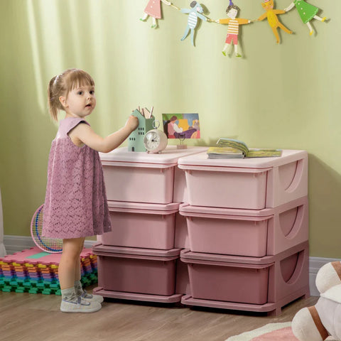 Rootz Kids Storage Box - Children's Room - Round Polishing Edge - 6 Large Drawers - Living Rooms - Toys+clothes -  Pink - 275L x 37W x 56.5H cm