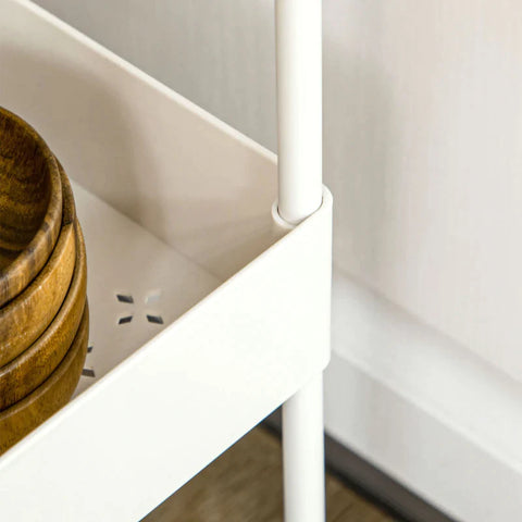 Rootz Kitchen Trolley - Serving Trolley - Kitchen Cart - With 4 Shelves - 3 Flexible Hooks - 4 Casters - White - 40cm x 19cm x 90cm