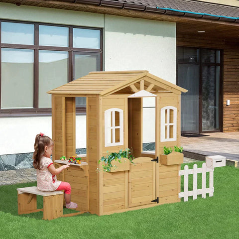 Rootz Children's Playhouse - Wooden Outdoor Playhouse - Garden Playhouse With Flower Pot Rack - Fence Bench - Fir Wood - Nature/white - 204 x 107 x 140 cm