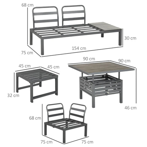 Rootz Garden Furniture Set - Patio Seating Group For 6 People - Height-adjustable Table - Aluminum Frame - Green + Gray - 154L x 75W x 68H cm