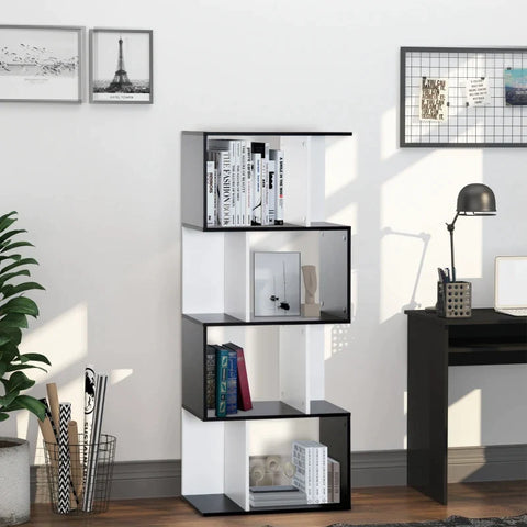 Rootz Bookshelf - S-Shaped Bookshelf - 4 Tiers Bookshelf - Bookcase - Shelf - Black/White
