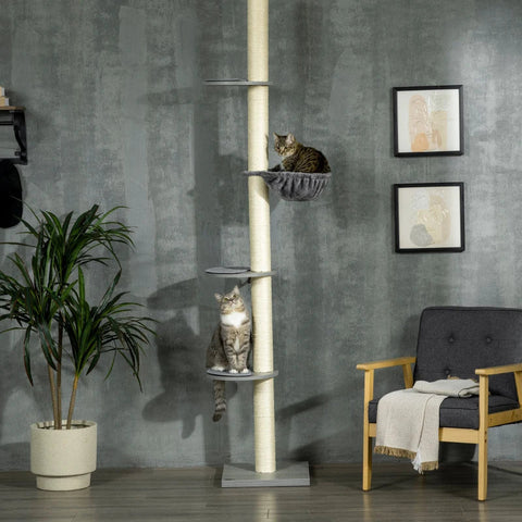 Rootz Scratching Post With Hammock - Incl. Ceiling Tensioner - Ceiling Height - Gray + Creamy White - 40 cm x 40 mx 250 cm