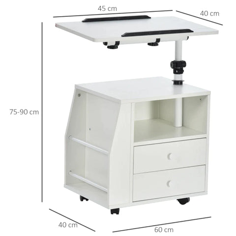 Rootz Side Trolley - Side Table - Flexible Tabletop - 2 Drawers - Newspaper Compartment - 4 Wheels - White - 60 x 40 x 90 cm