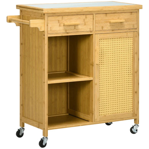 Rootz Bamboe Keukentrolley - Multifunctionele Trolley - Serveerwagen - 2 Laden - 1 Kast - 2 Planken - Naturel - 84L x 36B x 85H cm