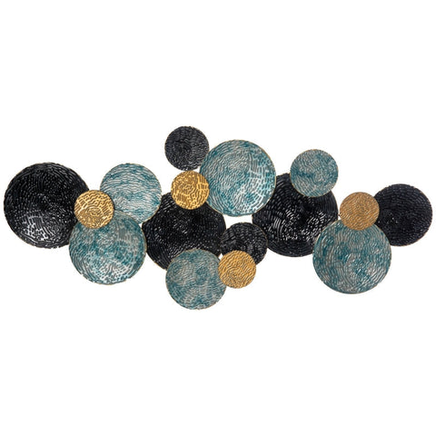 Rootz Metal Wall Decor - 3D Wall Art with Circles - Wall Decoration - Gold + Blue + Black - 121cm x 4cm x 53 cm