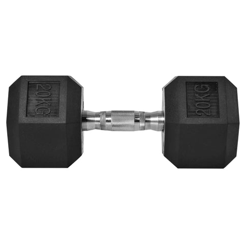 Rootz Hexagon - Dumbbell - Cast Iron Dumbbell - Rubber Dumbbell - Handle Knurled - Weights - Metal - Rubber - Black - 1 x 20 KG