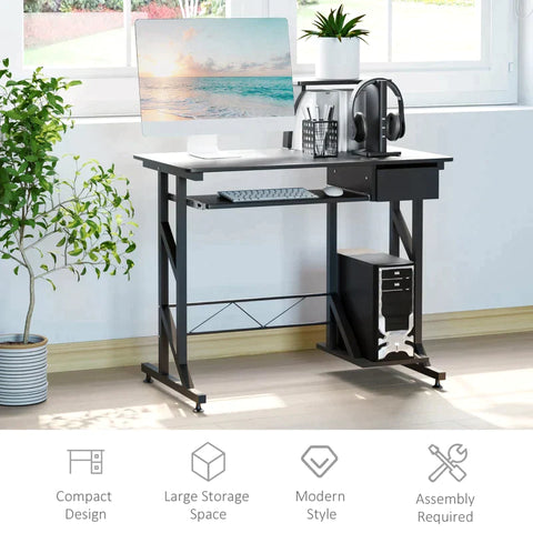 Rootz Computer Desk - Work Table With Shelves And Drawers - Office Table - Study Table - Sliding Keyboard Tray - Office - Home - Black - 90 x 50 x 95 cm