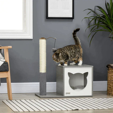 Rootz Scratching Post - Cat House - Cat Cave - With Toy Ball - Washable Cushion - Grey - 59 x 34 x 65cm