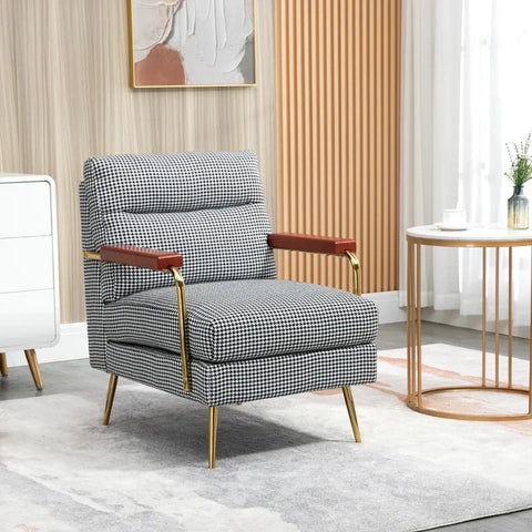 Rootz Fauteuil - Retro Design - Accentstoel - Pied-de-poule Patroon - Linnen Polyester - Houten Elementen - Veerkern - Zwart + Wit - 72L x 81,5W x 87,5H cm