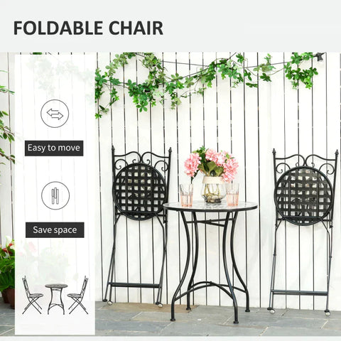 Rootz 3-teiliges Garten-Bistro-Set mit Mosaikfliesen – Gartensitzgruppe – Tisch – Set mit 2 Klappstühlen – Balkon – Grau