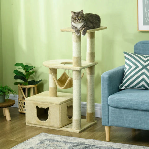 Rootz Scratching Post - Cat Cave - 3 Lying Surfaces - Multi-level Design - Cats Under 5kg - 1 Hammock - 3 Sisal Posts - Chipboard - Natural + Beige - 60W x 40D x 99Hcm