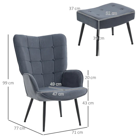 Rootz Armchair - Ottoman - Relaxation Armchair - Button Stitching - Velvet Fabric - Black Steel Legs - Steel Frame - Dark Gray - 71L x 77W x 99H cm