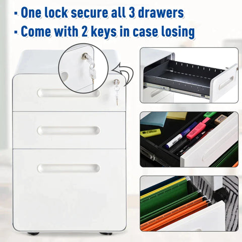 Rootz File Cabinet - Rolling Container - Office Container - 3 Drawers - Home - Office - White