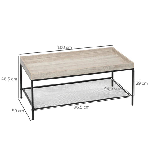 Rootz Coffee Table - Side Table - With Grid Shelf - Raised Table Edge - Steel Frame - Wooden Top - MDF/Steel - Natural Wood - 100 x 50 x 46.5cm