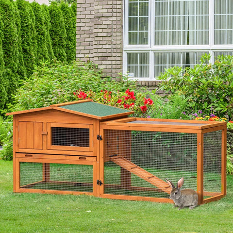 Rootz Small Animal Hutch - Rabbit Hutch - Rabbit Hutch And Run - Bunny Cage - Wooden Guinea Pig Hide House - With Sliding Tray - Fir Wood - Golden Red - 156 x 58 x 68cm