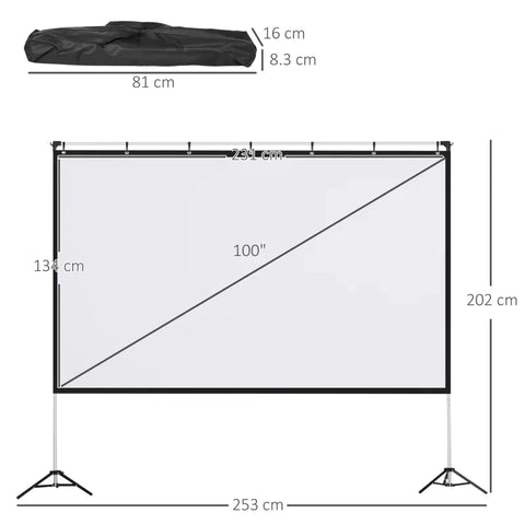 Rootz Projection Screen - 100 Inch Projector Screen And Stand - Foldable Portable - Front & Rear Projection Screen - 4K HD 16:9 Screen - 231 x 134 x 202cm