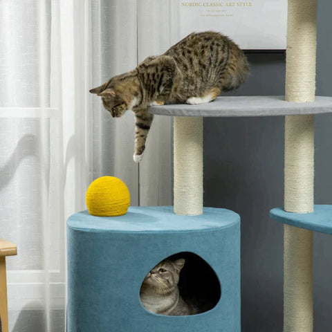 Rootz Scratching Post - Cat Tree - Cat House - With Scratching Barrel - And Scratching Ball - Blue/Gray/Yellow - 87 cm x 60 cm x 122 cm