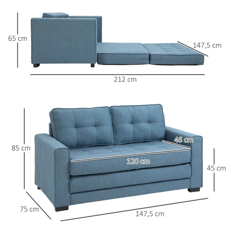 Rootz Sofa Bed - Folding Sofa - 2-seater Fabric Sofa - Sofa - With Sleeping Function - Sofa Set - Blue -147.5 x 75 x 85 cm