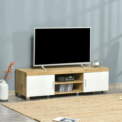 Rootz TV Stand - Lowboard - 2 Cabinets - 2 Shelves - MDF - White + Natural - 140 cm × 40 cm × 41.5 cm