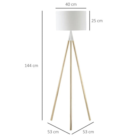 Rootz Floor Lamp - Tripod Floor Lamp - Modern Floor Lamp With E27 Socket - Living Room - Bedroom - Study - White + Gold - 53 cm x 53 cm x 144 cm