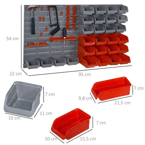 Rootz Pegboard - Perforated Tool Set - Wall Shelf - 44 Pieces Tool Board - Wall Holder Tool - Stackable Containers - Grey/Red - 63.5 x 22.5 x 95.5 cm