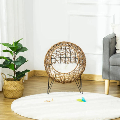 Rootz Rattan Cat Basket - Cat Cave - Cat Hut - Cat Bed with Cushion - Elevated Design - Pet Bed - Bruin - Ø45 x 57H cm