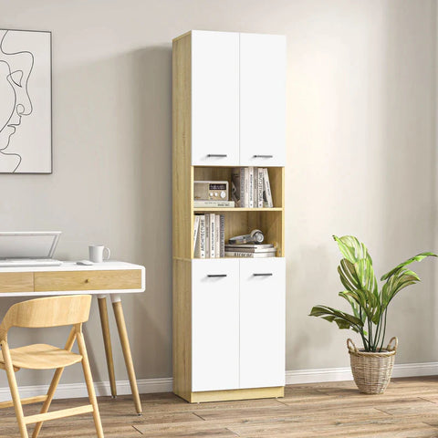 Rootz Bathroom Cabinet - 2 Cabinets - 2 Shelves - Multi-purpose Cabinet - Tall Cabinet - White + Natural - 60 cm x 33.5 x 183 cm