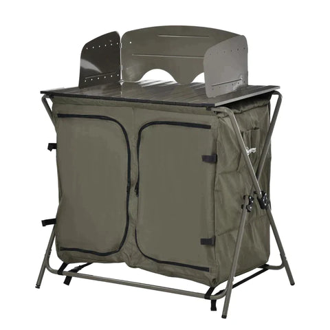 Rootz Camping Cupboard - Foldable Camping Kitchen Storage - Carrying Bag - 6 Shelves for BBQ Party - Steel - Oxford Fabric - Green - 57 x 94 x 109 cm