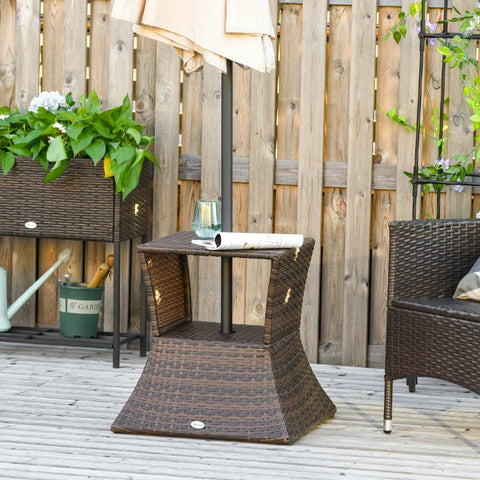 Rootz Garden Side Table - Rattan Tea Table - Coffee Table - Tea Table - Bistro Side Table - Umbrella Hole And Storage Space - Brown - 54 x 54 x 55 cm