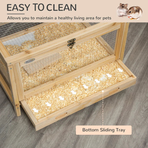 Rootz Small Animal Cage - Hamster Cage - Wooden Hamster Cage - Mice Rodent Small Animals Hutch - Double Layers - Exercise Play House - With Sliding Tray - Running Wheel - 63.5 x 62 x 78 cm
