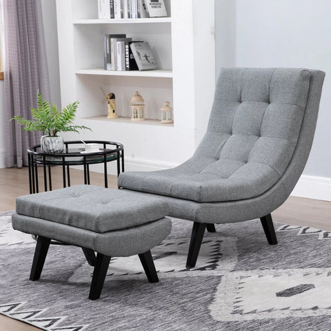 Rootz Armchair - Relaxation Lounger - Chaise Longue - Rubber Wood Legs - Armchair With Footstool - Gray - 65 x 100 x 84 cm