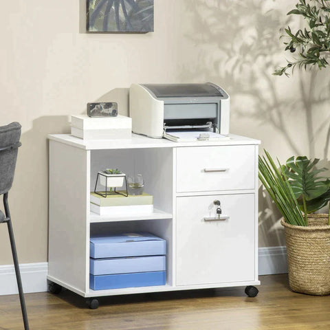 Rootz Office Cabinet - Printer Cabinet - Filing Cabinet With Wheels - Lockable Drawer - A4 Size Documents - White - 80 x 40 x 66.5cm