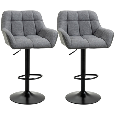 Rootz Bar Stool - Set Of 2 Bar Stool - Retro Design - Height Adjustable - Imitation Leather - Linen Look - Grey + Black - 57.5L x 52.5W x 93-114H cm