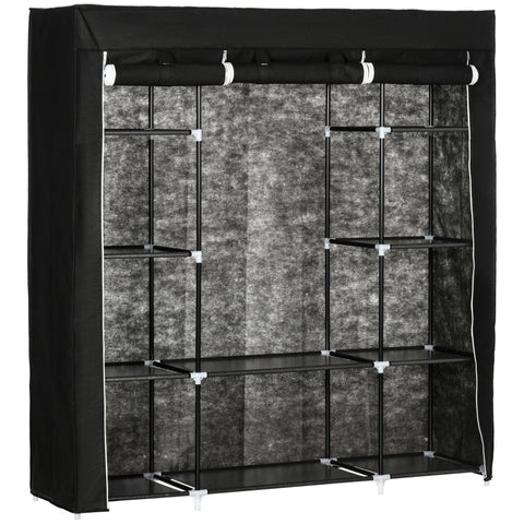 Rootz Wardrobe - Fabric Wardrobe Made Of Fleece - Folding Wardrobe - 1 Clothes Rail - 9 Shelves - Black - 150 cm x 43 cm x 162.5 cm