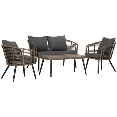 Rootz Garden Furniture - 4-piece Seating Group - Garden Set - Sofa Set - Double Sofa - Armchair - Coffee Table - Polyrattan - Grey - 135 x 67 x 76 cm