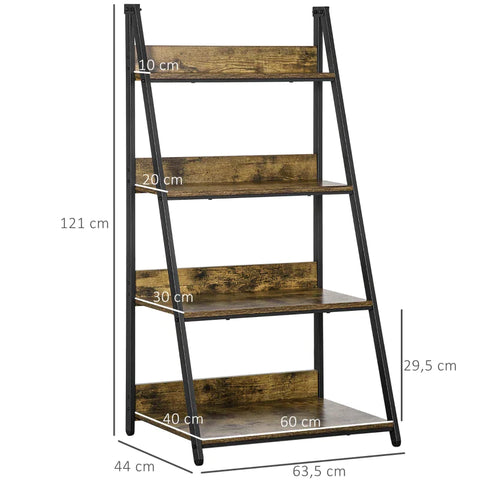 Rootz Ladder Shelf - Storage Rack - Free-standing Ladder Shelf - Industrial Design 4 Shelves - Chipboard/Steel - Brown/Black - 63.5 cm x 44 cm x 121 cm