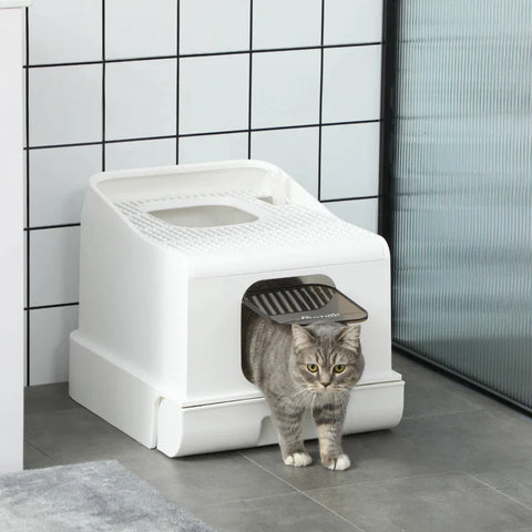 Rootz Cat Litter Box - With Cover - Including Scoop - Front And Top Entry - White + Gray - 43L x 54W x 41H cm