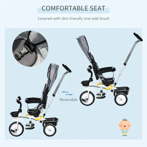 Rootz 2 In 1 Children's Tricycle - Jogger With Steering System - Rod Basket - Sun Canopy - Velvet Touch - Grey - 100 x 48 x 106 cm