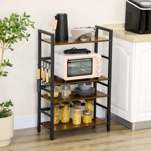 Rootz Kitchen Shelf - Industrial Design - 4 Shelves - 4 Hooks - Standing Shelf - Shelf - Brown + Black - 65cm x 30cm x 102cm