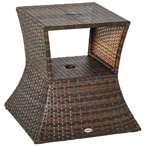 Rootz Garden Side Table - Rattan Tea Table - Coffee Table - Tea Table - Bistro Side Table - Umbrella Hole And Storage Space - Brown - 54 x 54 x 55 cm