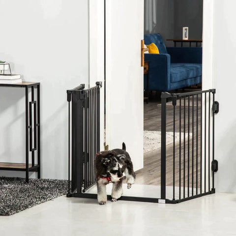 Rootz Dog Barrier - Door Gate - Pet Gate - Angle Adjustable - Foldable Configuration Gate with Automatic Closing Door - 3 Panels - Black - 202.5 x 76 cm