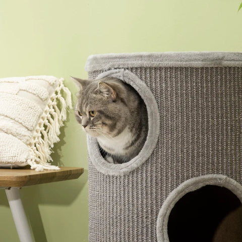 Rootz Scratch Barrel - Scratching Barrel - 3 Tier Scratcher Barrel - Includes Sisal Rope - Scratcher Pad - Cat Scratcher - Light Gray - 38cm x 38cm x 70cm